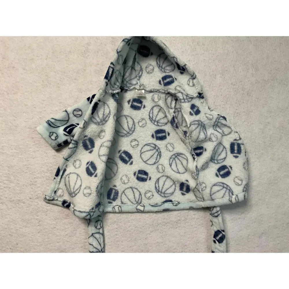 Baby Boys Hooded Bathrobe 0-9M Soft Fleece Sports Balls Print Plush Robe Blue